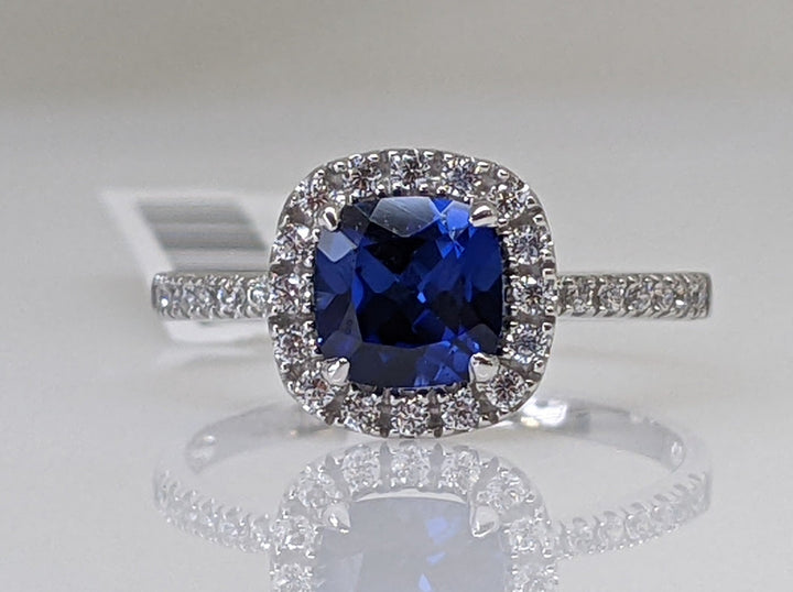 10K WHITE GOLD CREATED SAPPHIRE CUSHION 6MM WITH CUBIC ZIRCONIA