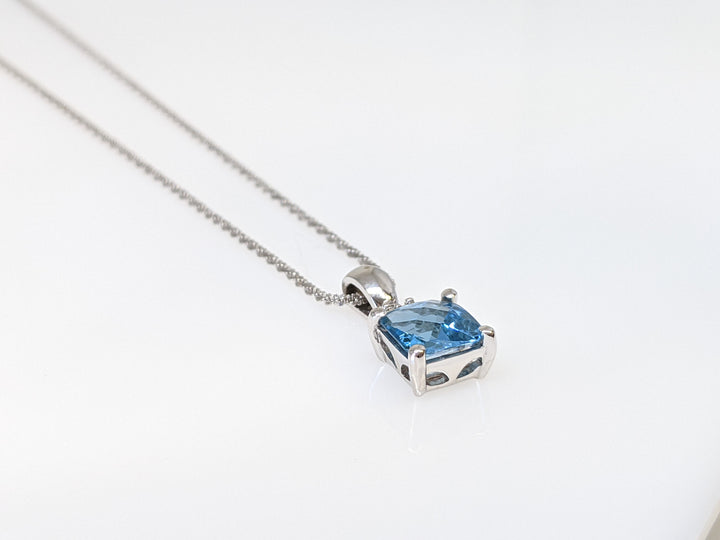 14k WHITE BLUE TOAPZ PRINCESS CUT 7MM WITH THREE MELEE ESTATE PENDANT AND CHAIN 3.8 GRAMS