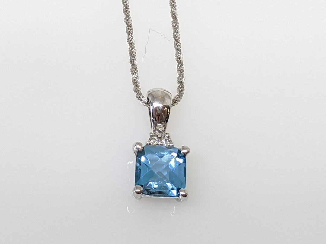 14k WHITE BLUE TOAPZ PRINCESS CUT 7MM WITH THREE MELEE ESTATE PENDANT AND CHAIN 3.8 GRAMS