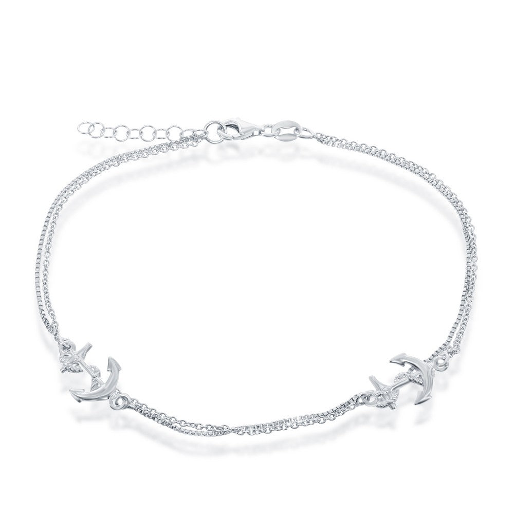 Sterling Silver Double Strand Anchor Anklet