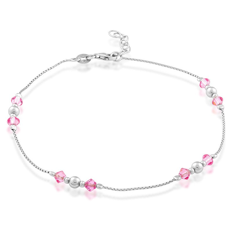 Sterling Silver Beads with Pink Crystals Anklet