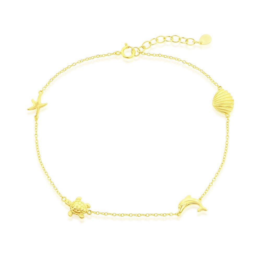 Sterling Silver Shell, Dolphin, Turtle & Starfish Sea Life Anklet - Gold Plated