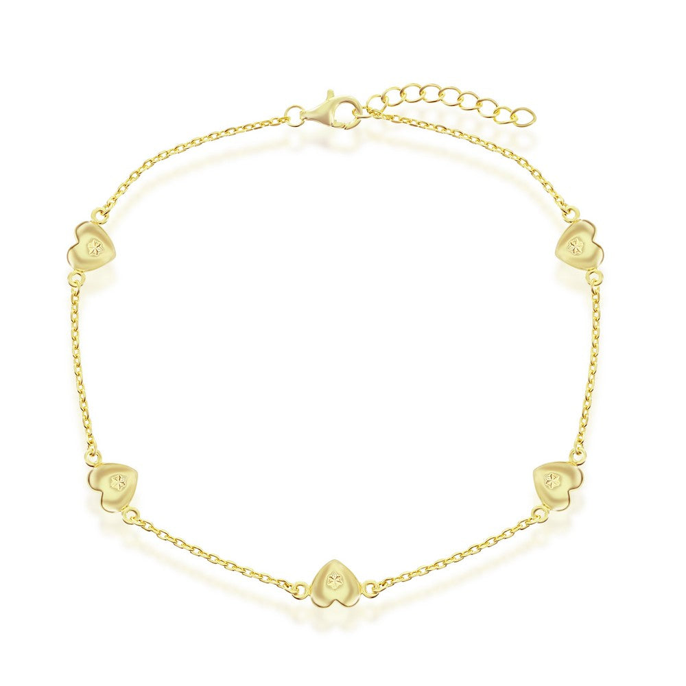 Sterling Silver Station Hearts Anklet - Gold Plated