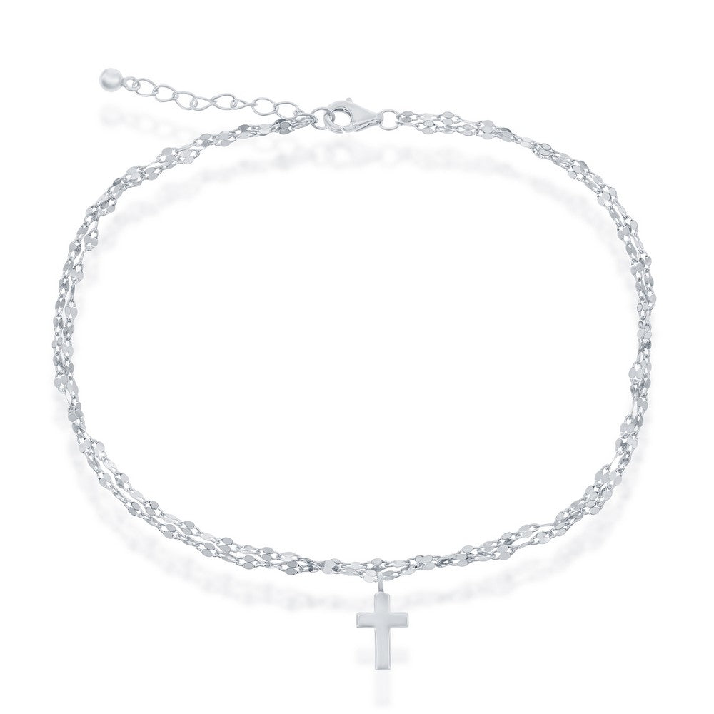 Sterling Silver Double Strand Mirror Chain w/ Cross Charm Anklet
