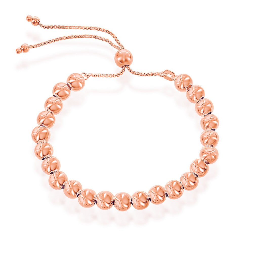 Sterling Silver 6MM Round Beads Adjustable Bolo Bracelet - Rose Gold Plated