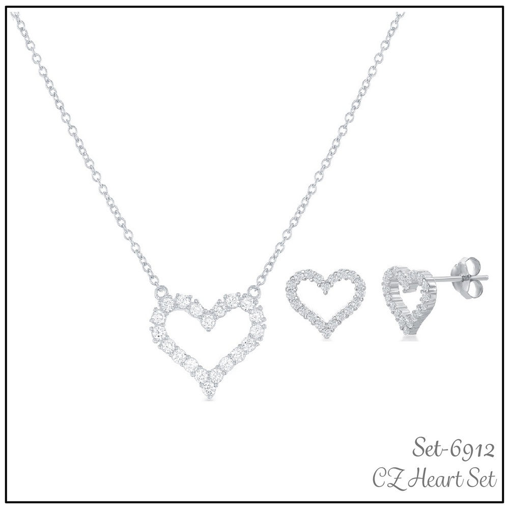 Sterling Silver Open Heart CZ Necklace and Earrings Set