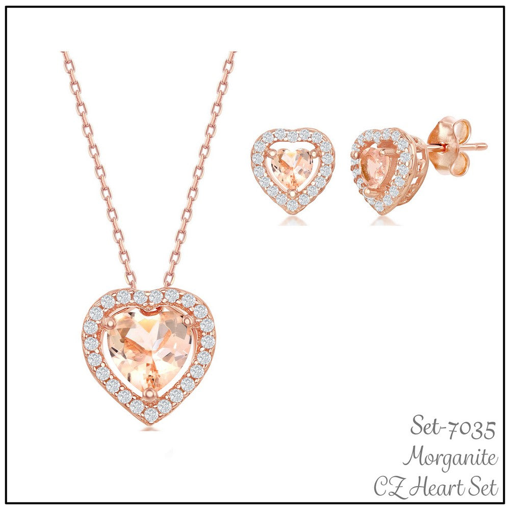 Sterling Silver Morganite w/ White CZ Heart Necklace and Earrings Set