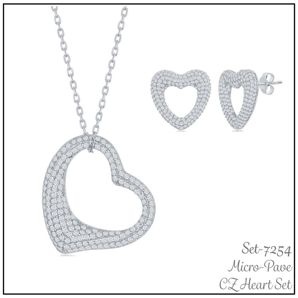 Sterling Silver Micro Pave CZ Heart Necklace and Earrings Set