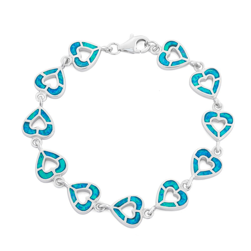 Sterling Silver Reversible White and Blue Inlay Opal Open Hearts Link Bracelet