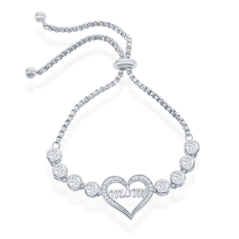 Sterling Silver Center "Mom" Heart with Linked Bezel CZ's Adjustable Bolo Bracelet