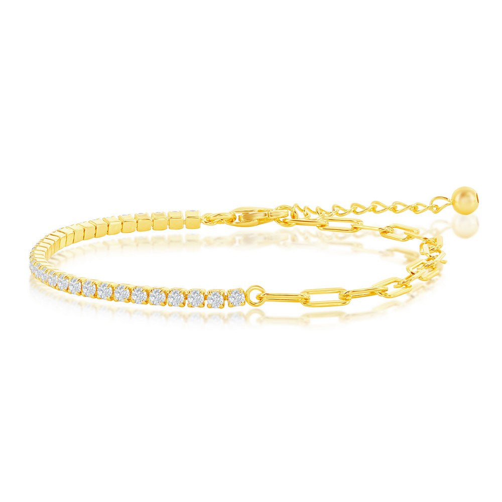 Sterling Silver 2mm Half Tennis & 3.5mm Paperclip Bracelet - Gold Plated