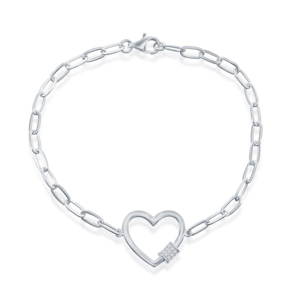 Sterling Silver Heart w/CZ Rod Paperclip Bracelet