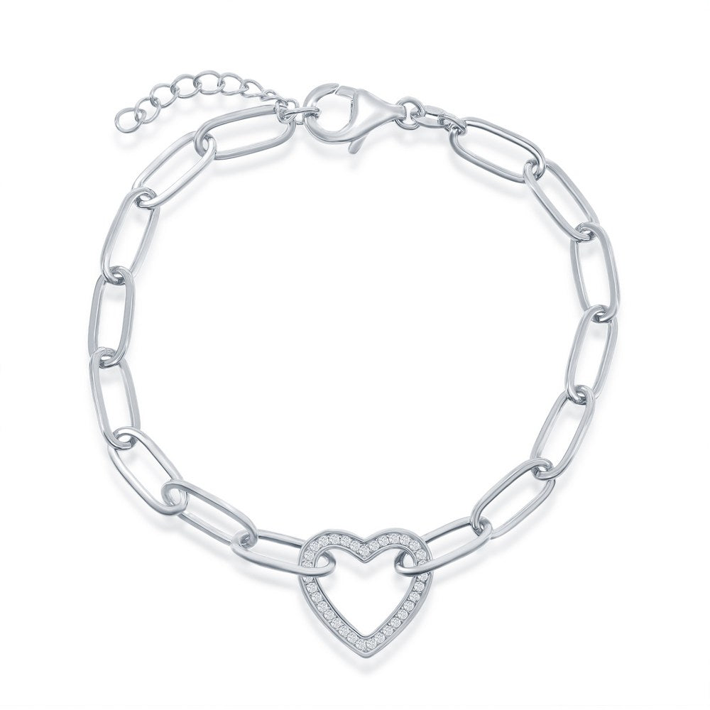 Sterling Silver CZ Heart Paperclip Bracelet