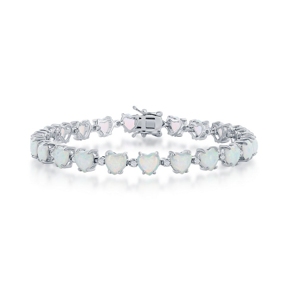 Sterling Silver White Opal Hearts & CZ Linked Bracelet