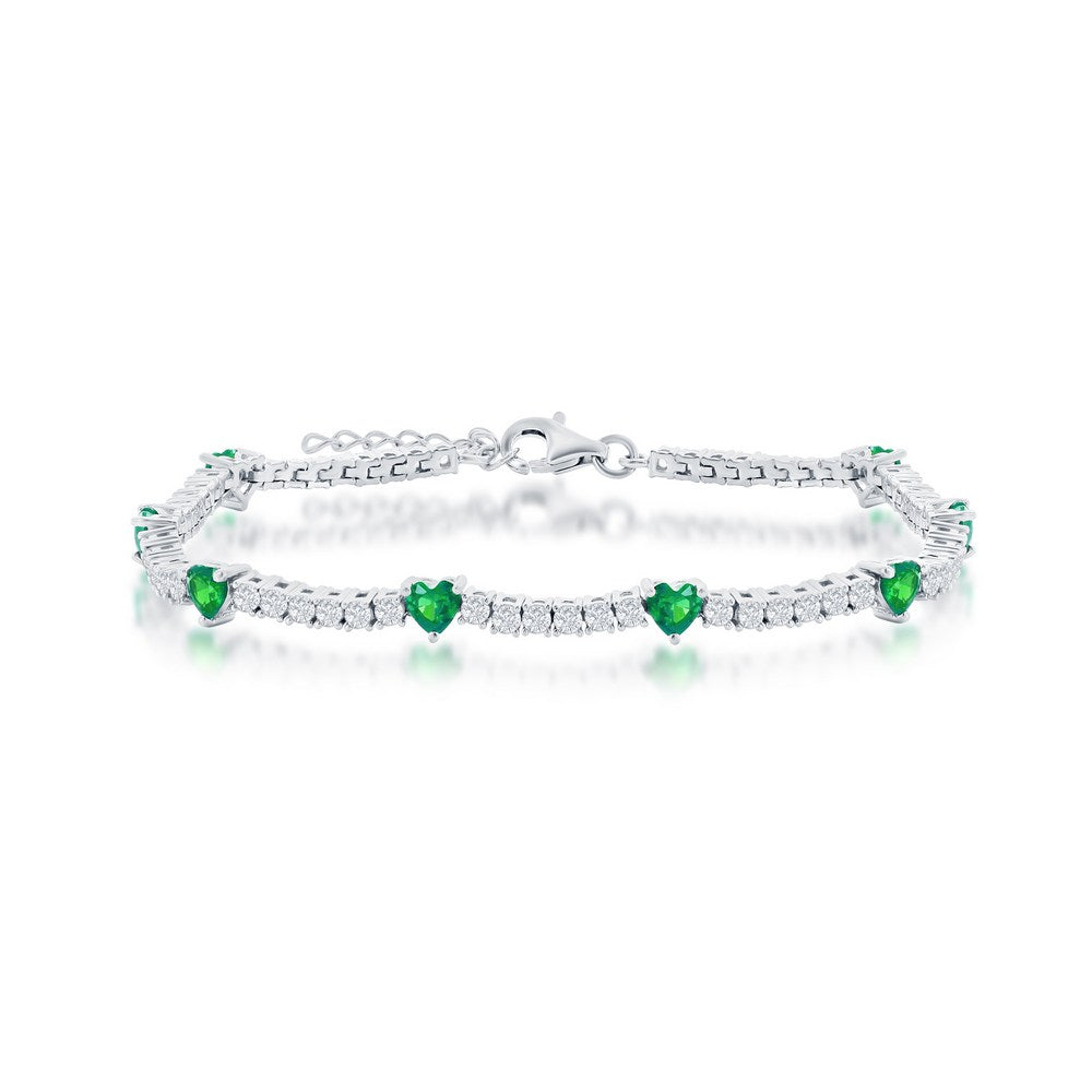Sterling Silver Heart and CZ Tennis Bracelet - Emerald CZ