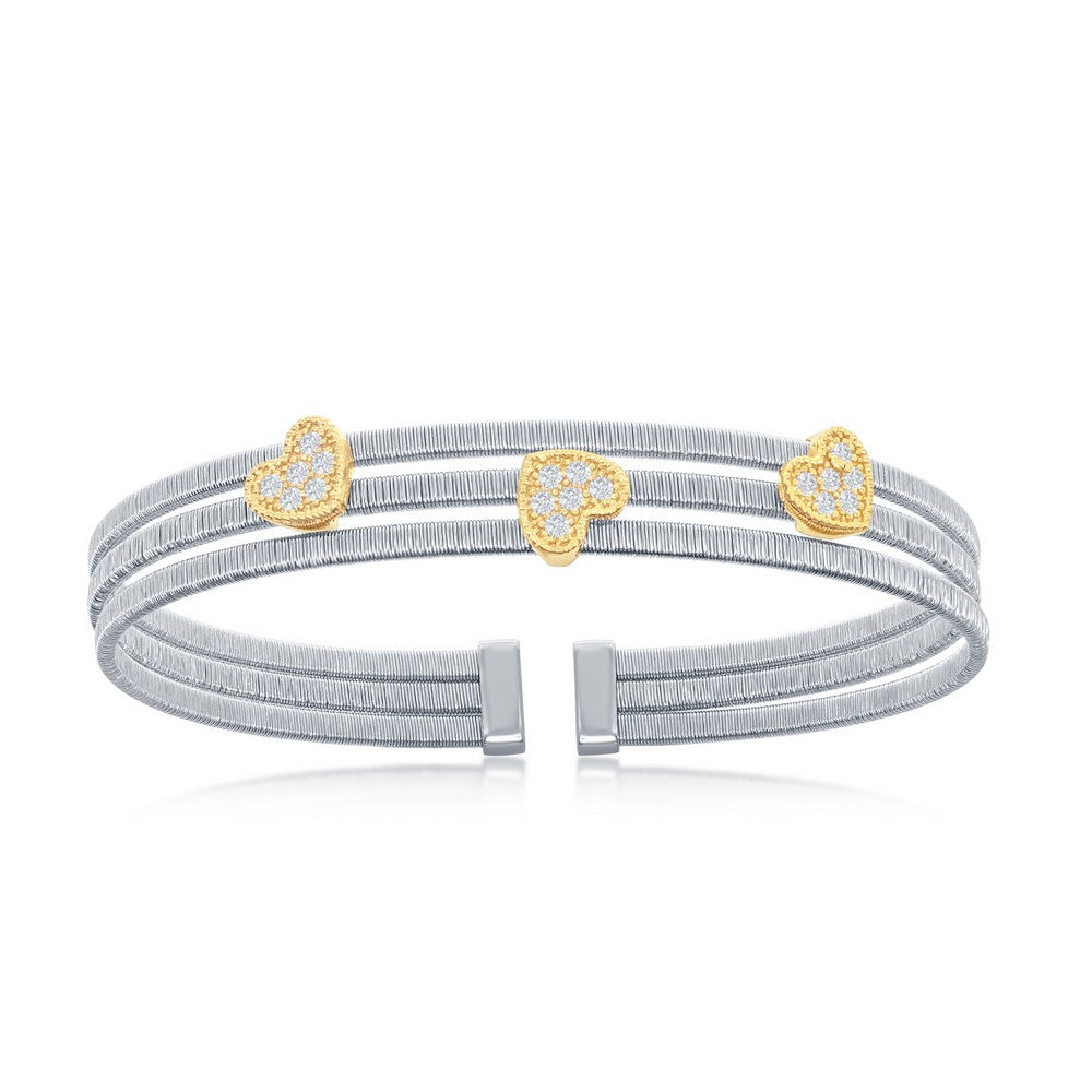 Sterling Silver CZ Heart Triple Wire Bangle, Bonded with 14k Gold Plating