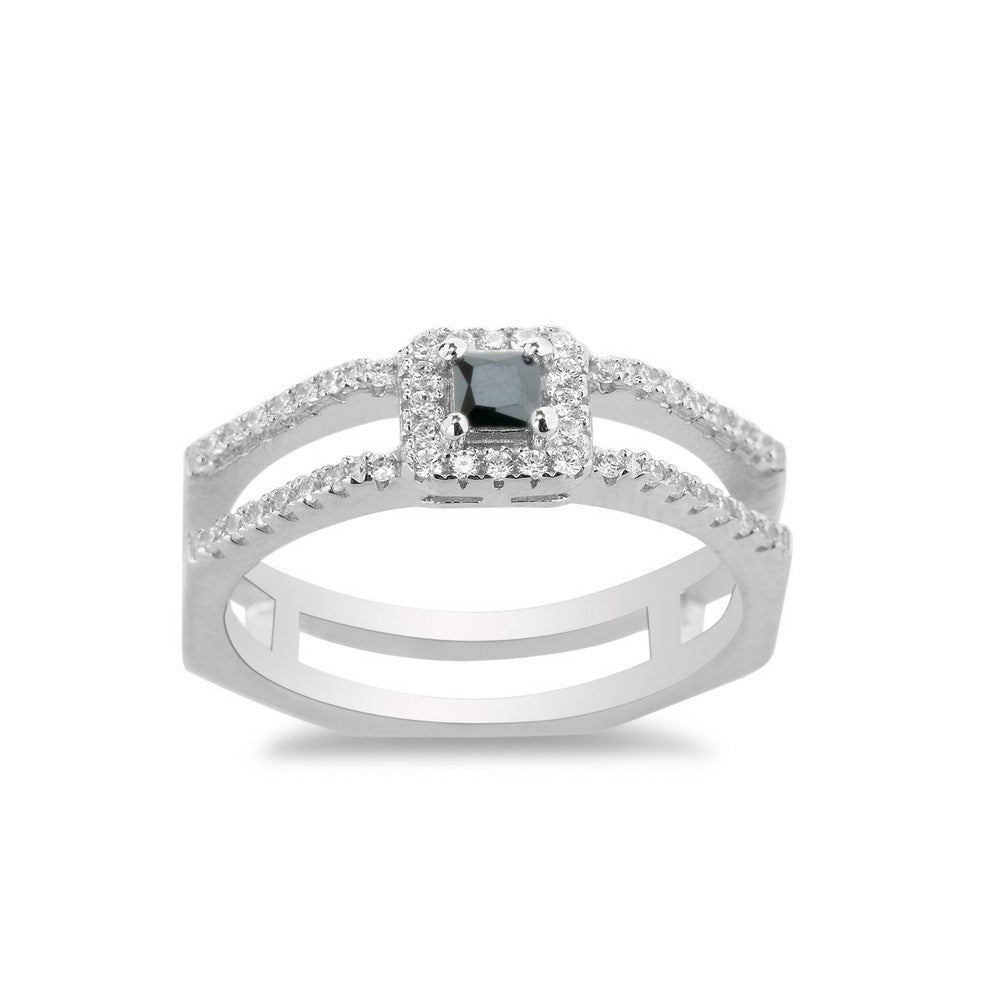 Sterling Silver Double Clear CZ with Square Black CZ Ring
