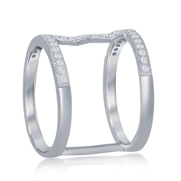 Sterling Silver Wide Open Double Row with Center Heartbeat CZ Ring