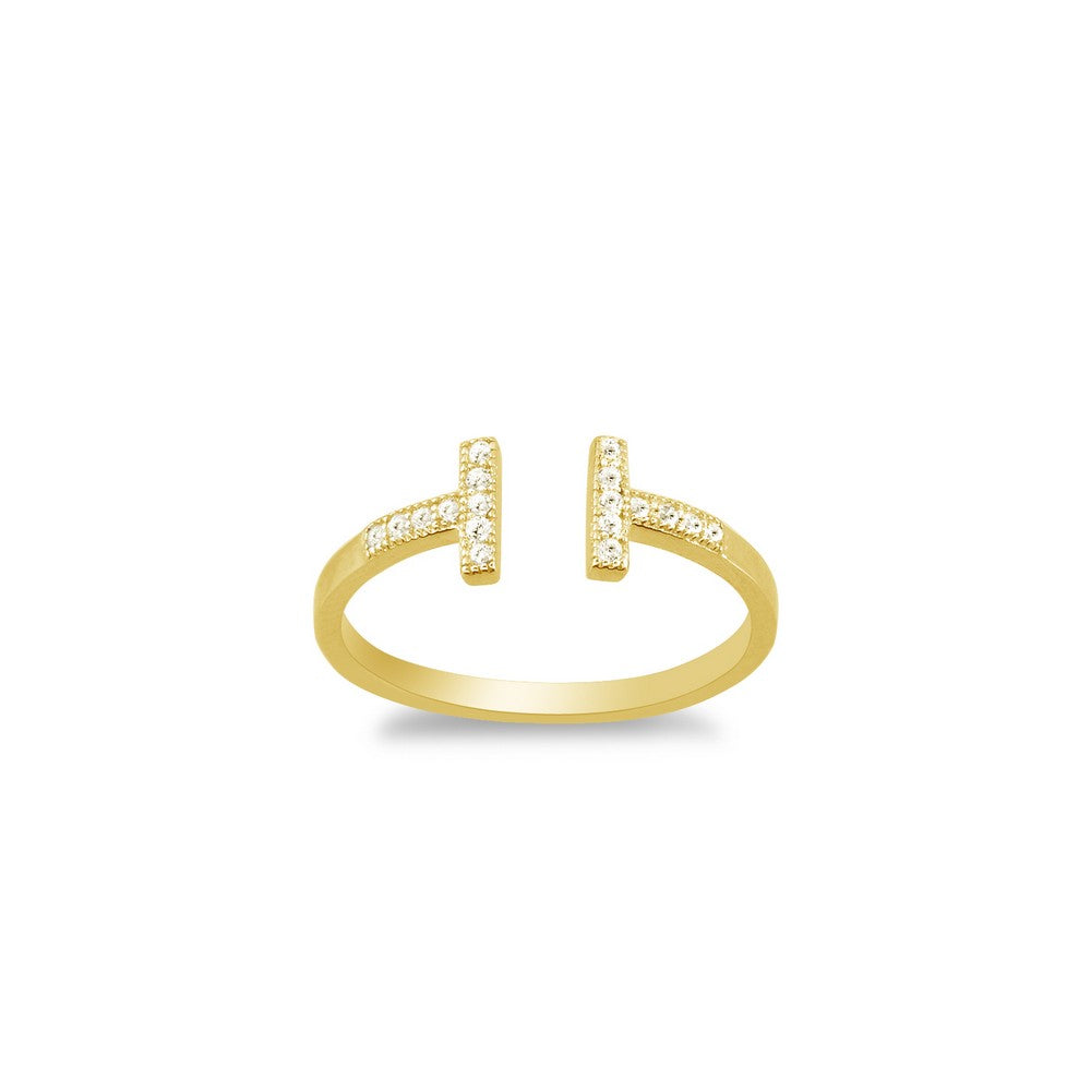Sterling Silver CZ Double T Ring - Gold Plated