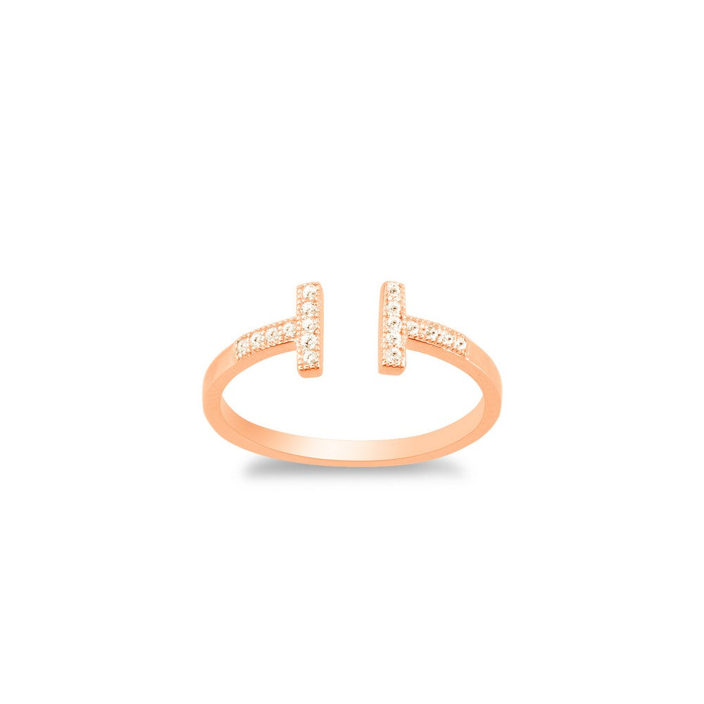 Sterling Silver CZ Double T Ring - Rose Gold Plated
