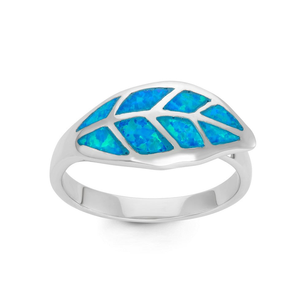 Sterling Silver Blue Inlay Opal Leaf Ring