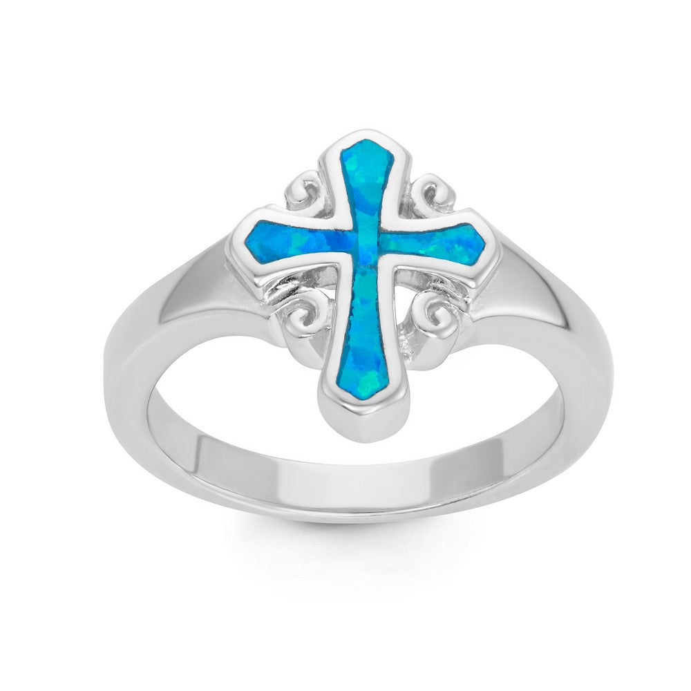Sterling Silver Fancy Blue Inlay Opal Cross Ring