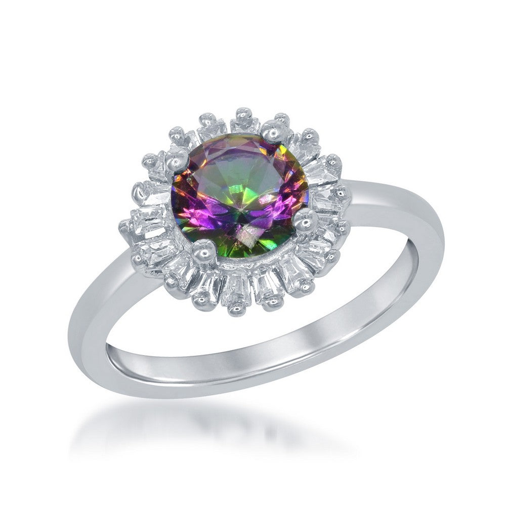 Sterling Silver Round Rainbow CZ with Baguette Border Ring