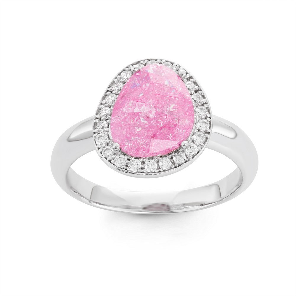 Sterling Silver Rounded Triangle Dark Pink Ice with CZ Border Ring