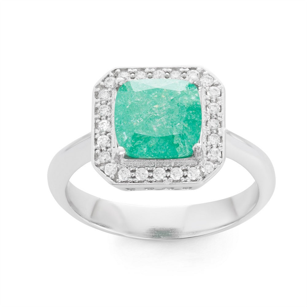 Sterling Silver Square Green Ice with CZ Border Ring