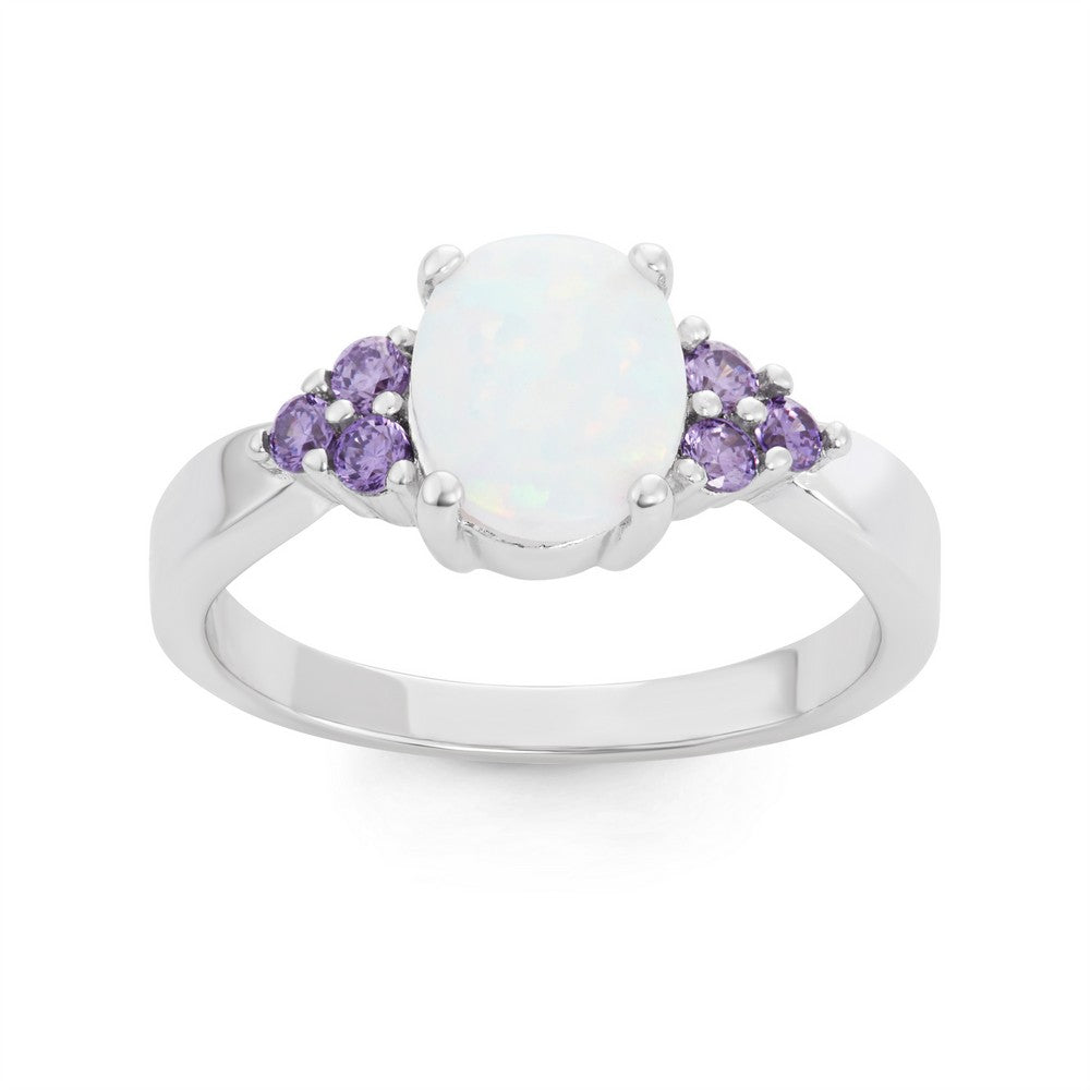 Sterling Silver Oval White Inlay Opal with Amethyst CZ Sides Ring