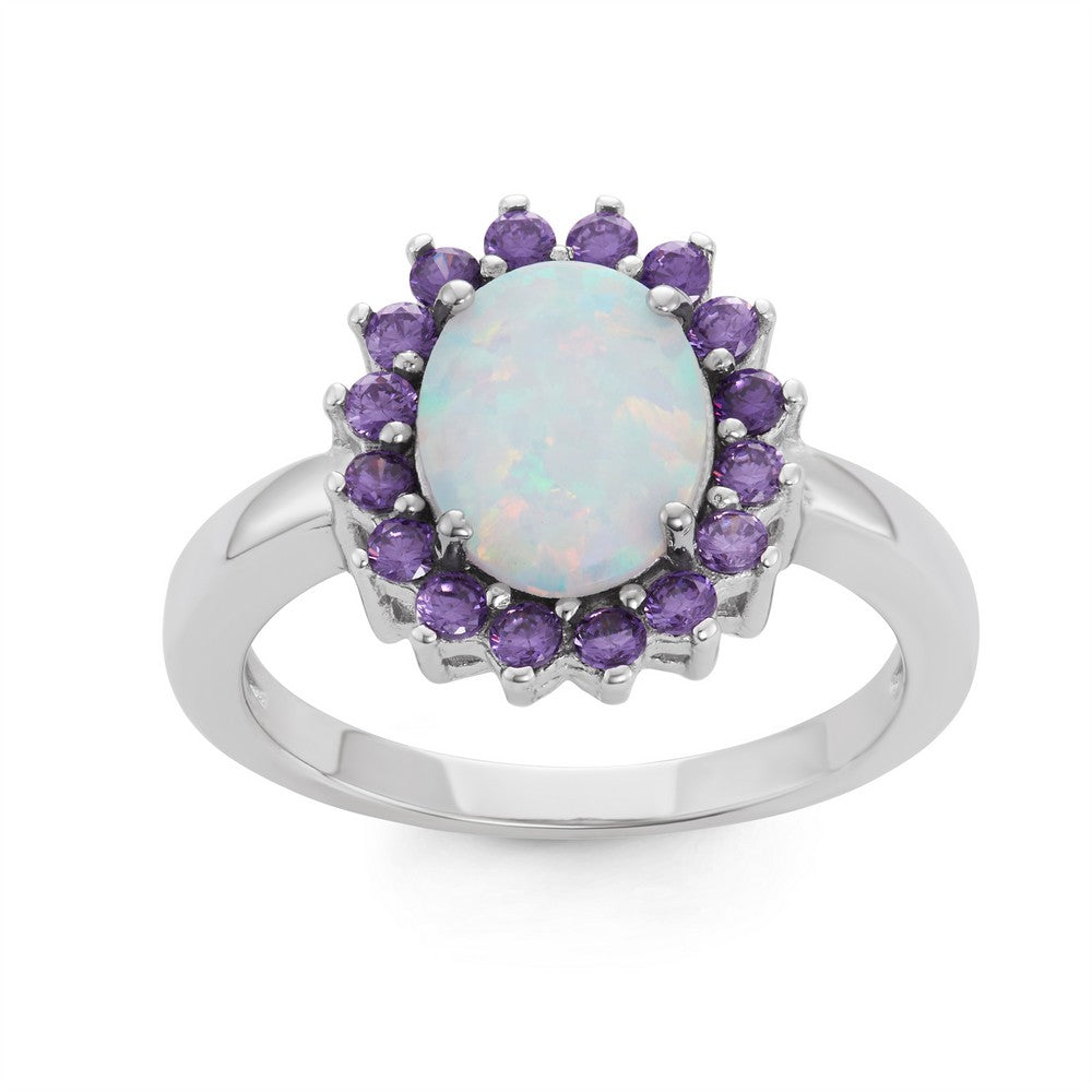 Sterling Silver White Inlay Opal Oval with Amethyst CZ Border Ring