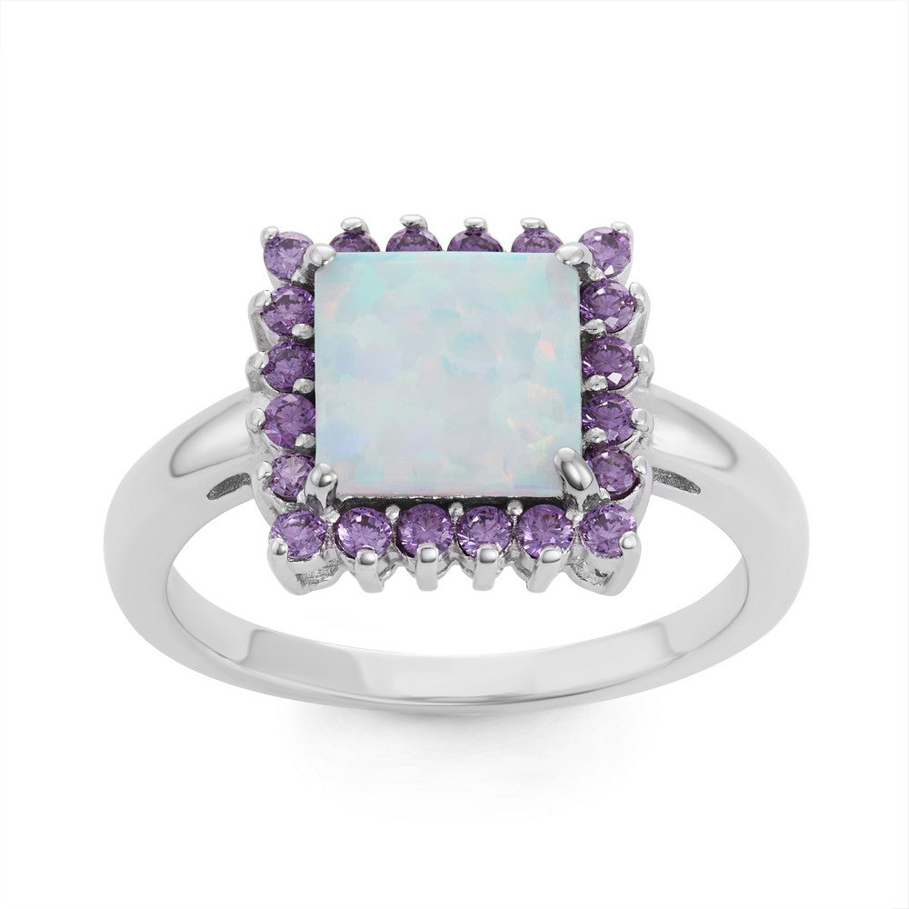 Sterling Silver White Inlay Opal Square with Amethyst CZ Border Ring