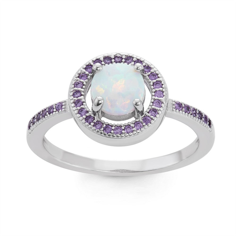 Sterling Silver White Inlay Opal Circle with Amethyst Micro Pave CZ Border Ring