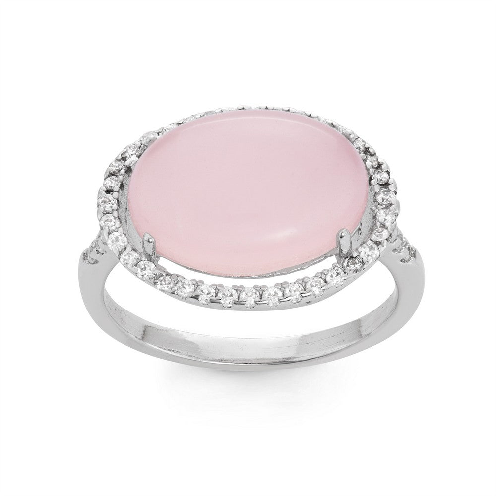 Sterling Silver Large Rose Quartz Oval with CZ Border Ring