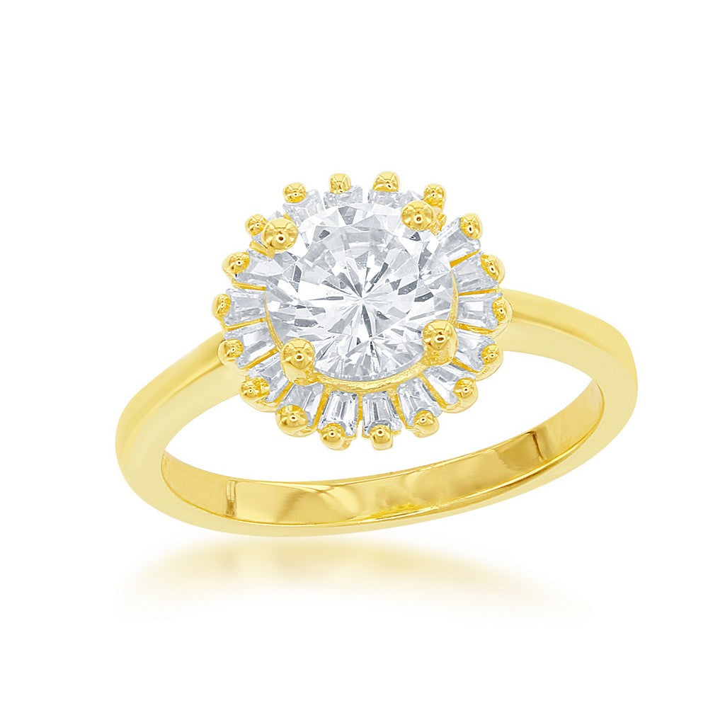 Sterling Silver Round CZ with Baguette Border Ring- Gold Plated