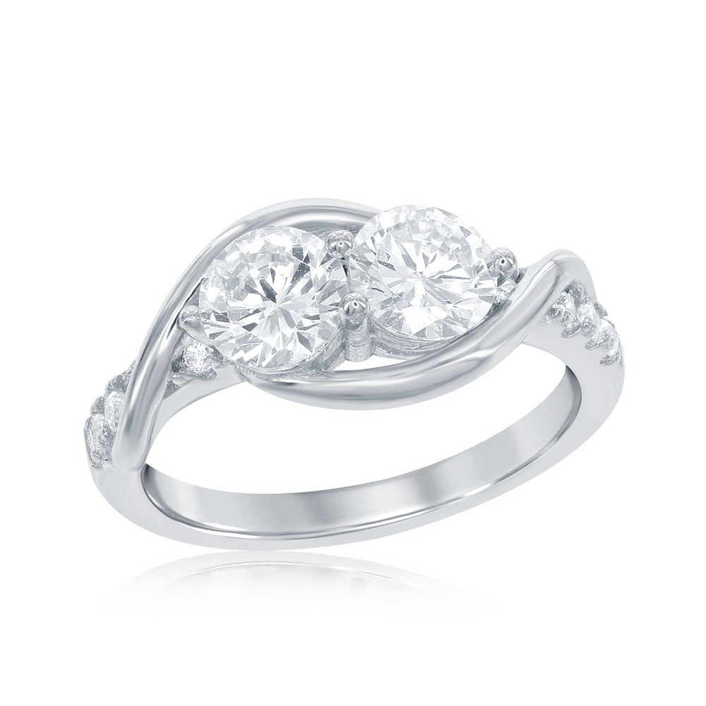 Sterling Silver "Us2gether" Two-Stone CZ with Half CZ Band Ring