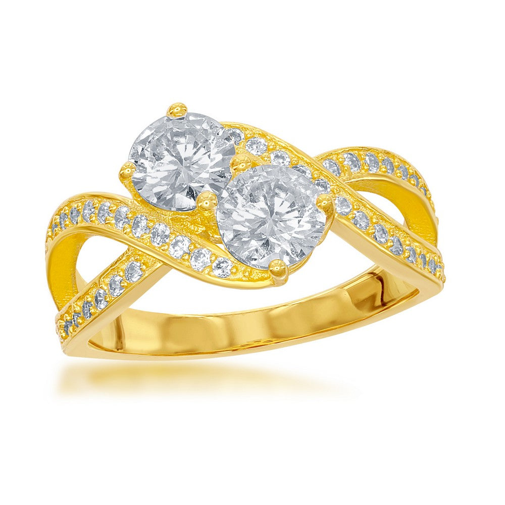 Sterling Silver "Us2gether" Two-Stone CZ Ring with open sides - Gold Plated