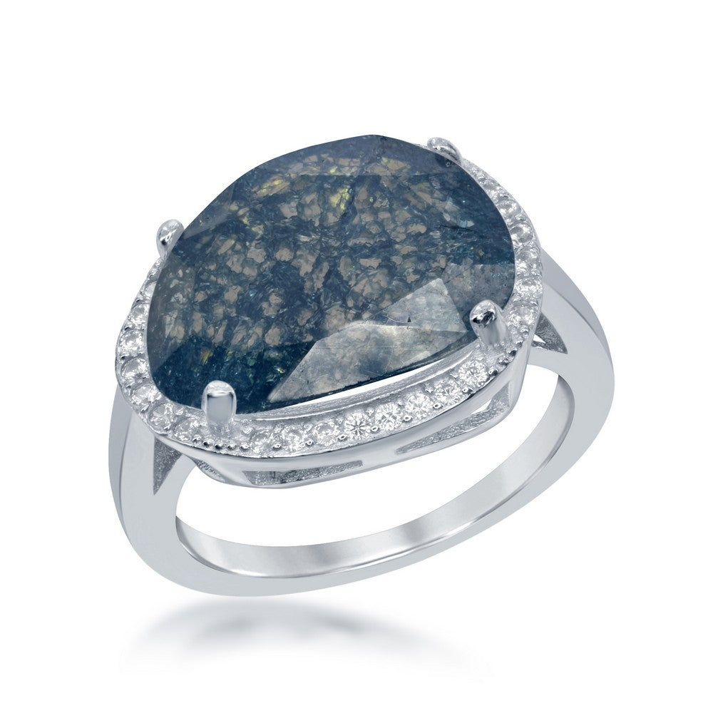 Sterling Silver Oval Blue Ice with CZ Border Ring