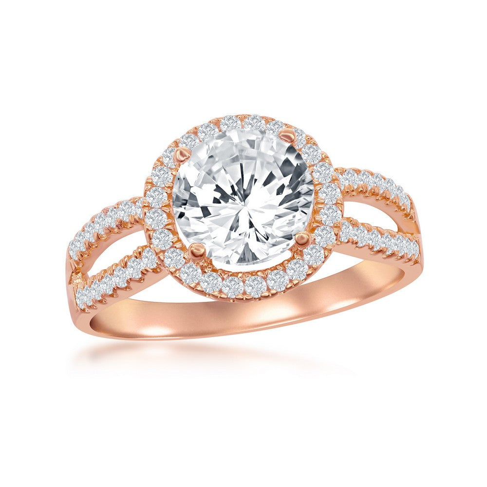 Sterling Silver Halo Style CZ Engagement Ring - Rose Gold plated