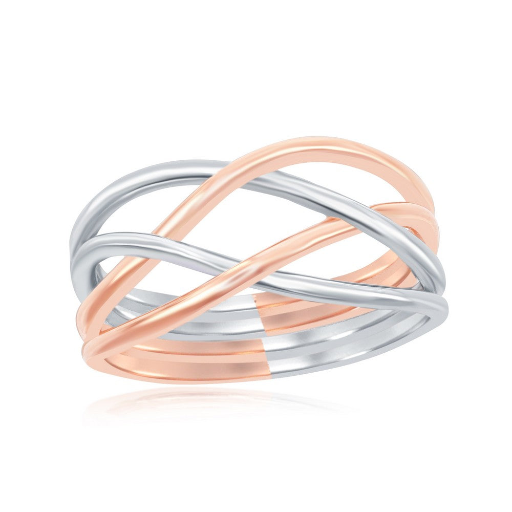 Sterling Silver Rhodium and Rose Gold Plated Interlocking Ring