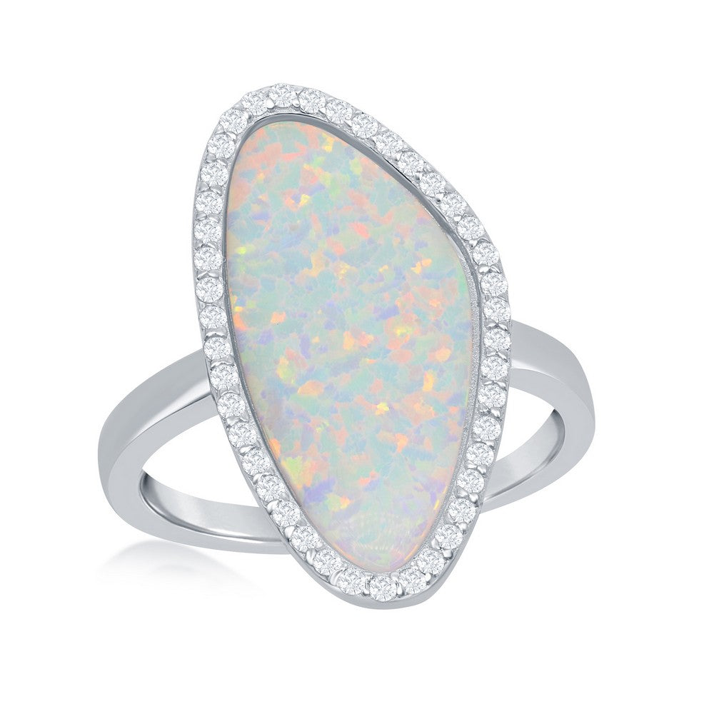 Sterling Silver White Inay Opal Irregular Shape with CZ Border Ring