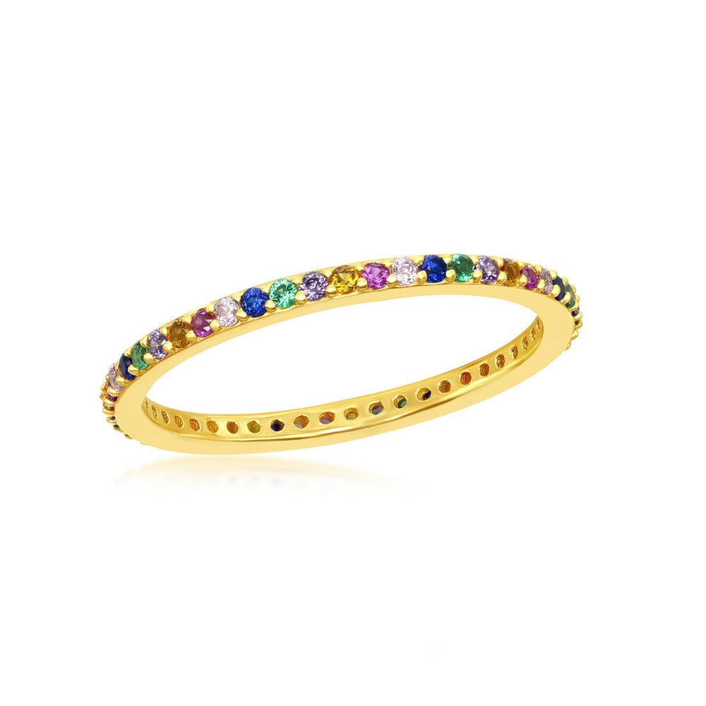 Sterling Silver Rainbow CZ Thin Band Ring - Gold Plated