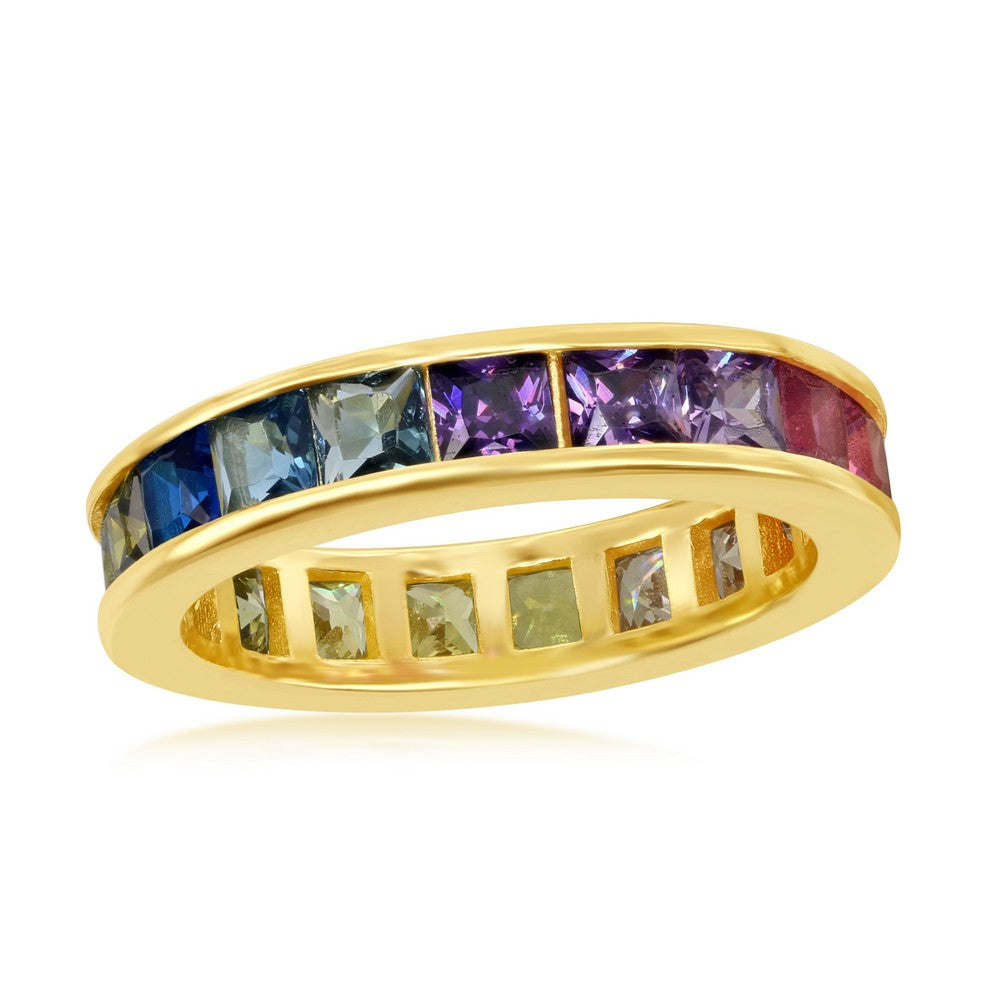 Sterling Silver Channel Set Rainbow CZ Eternity Band Ring - Gold Plated