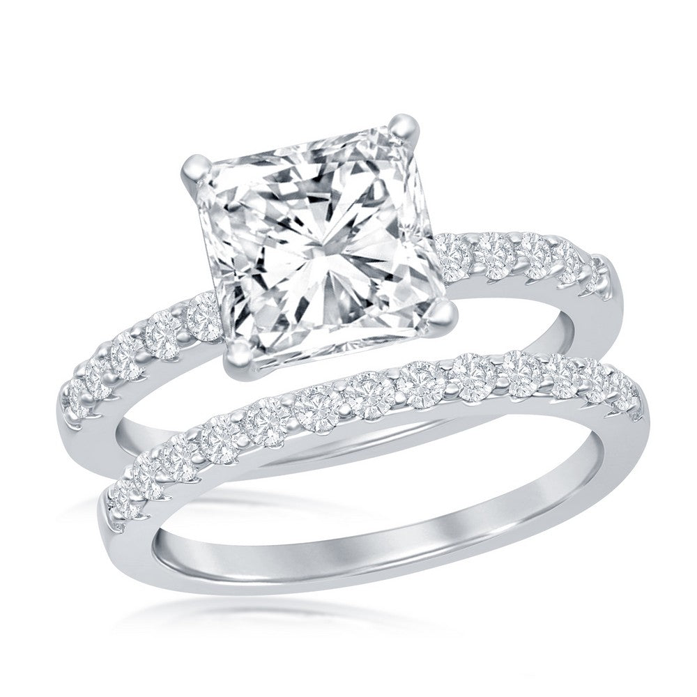 Sterling Silver Princess-Cut Half CZ Band Engagement Ring Set