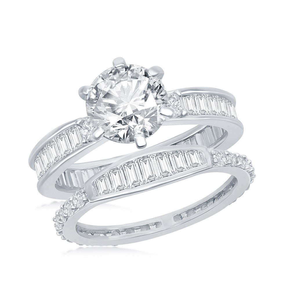 Sterling Silver Six-Prong Baguette CZ Band Engagement Ring Set