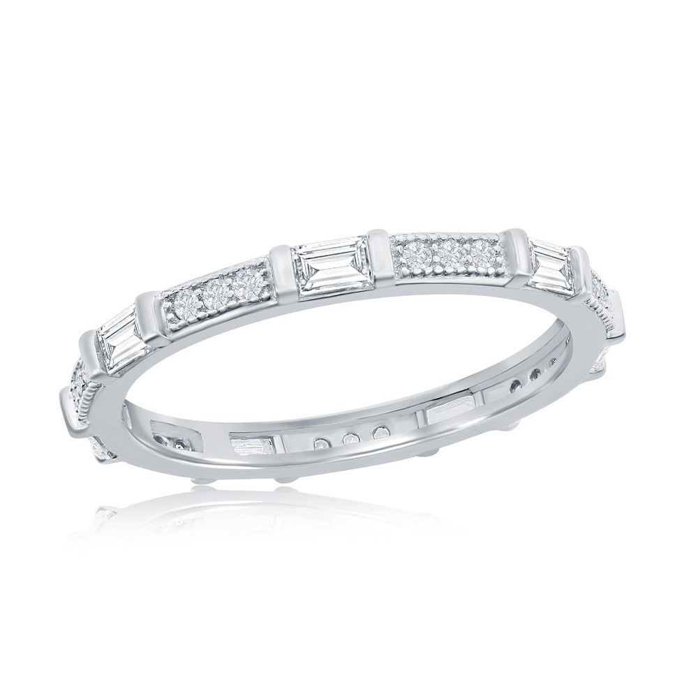 Sterling Silver Alternating Micro Pave and Baguette CZ Eternity Ring