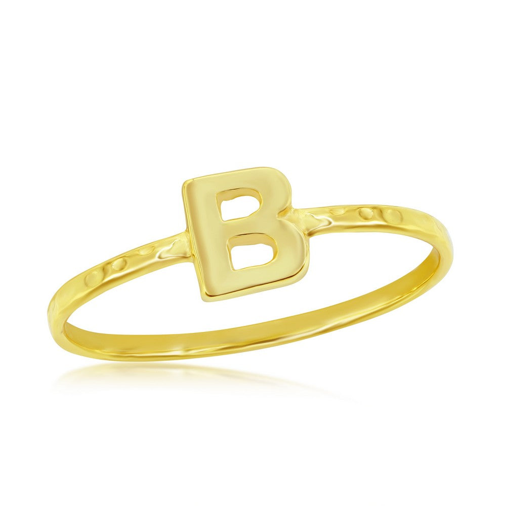 Sterling Silver 'B' Initial Hammered Band Ring - Gold Plated