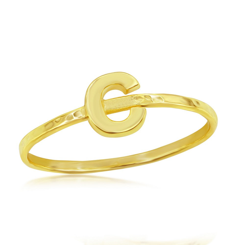 Sterling Silver 'C' Initial Hammered Band Ring - Gold Plated