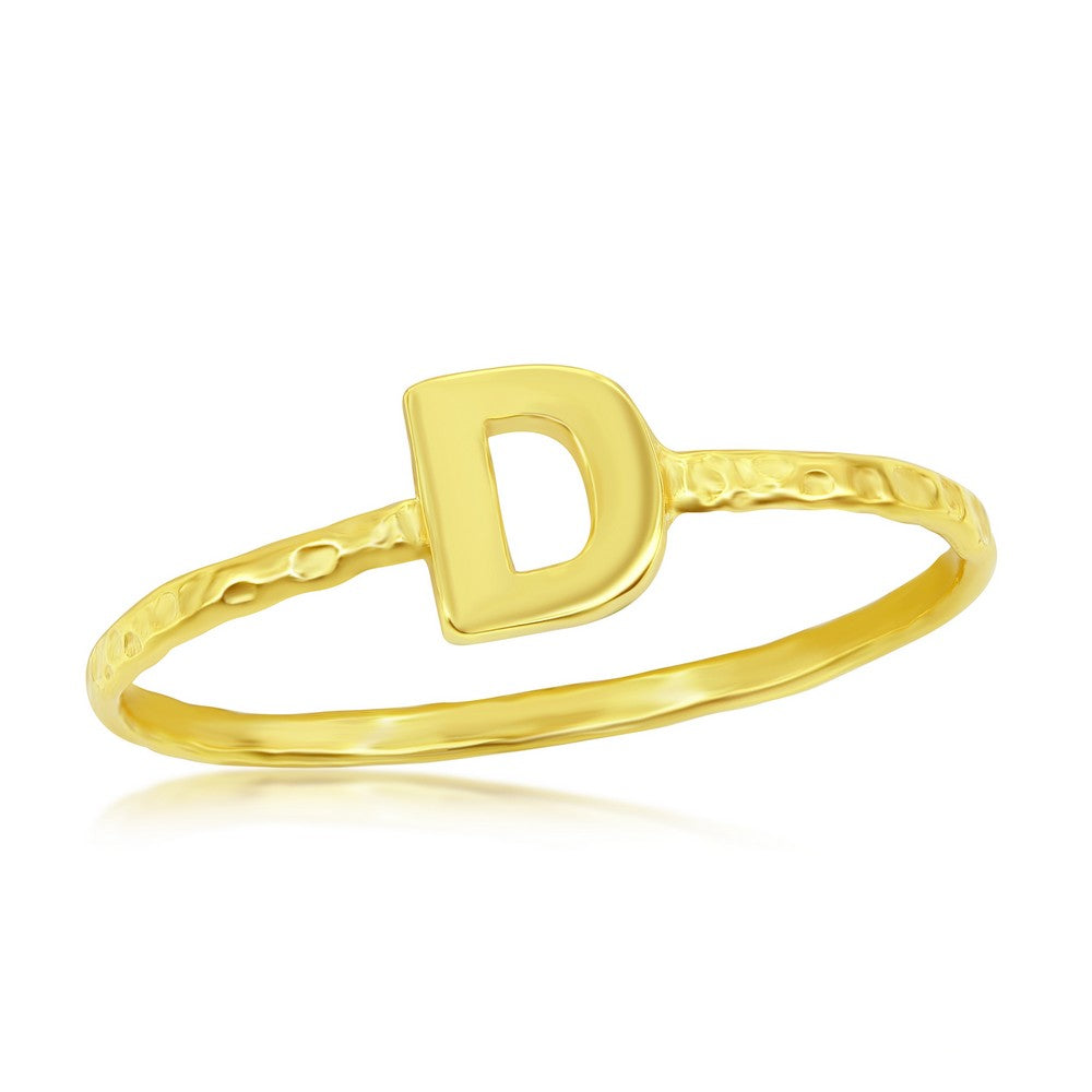 Sterling Silver 'D' Initial Hammered Band Ring - Gold Plated