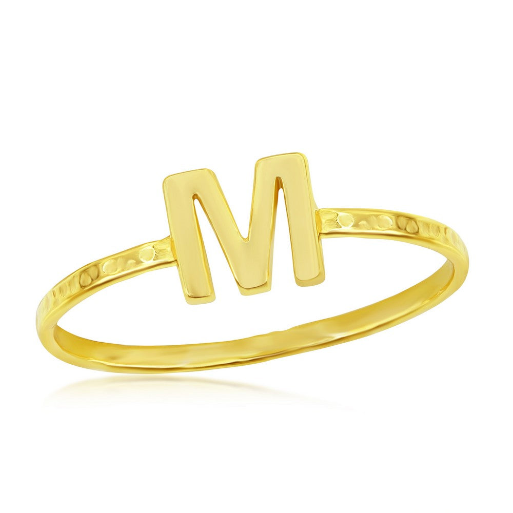 Sterling Silver 'M' Initial Hammered Band Ring - Gold Plated
